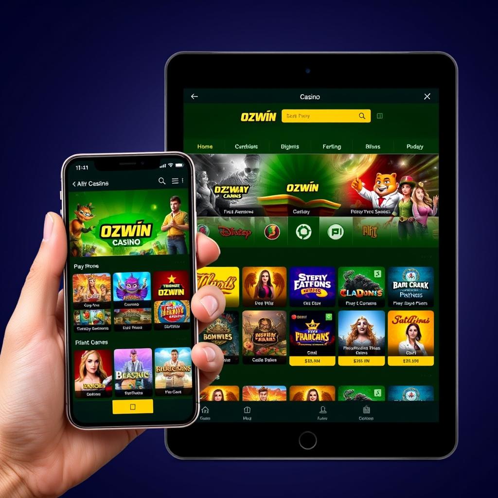 Ozwin Casino mobile interface showing responsive design on smartphone and tablet