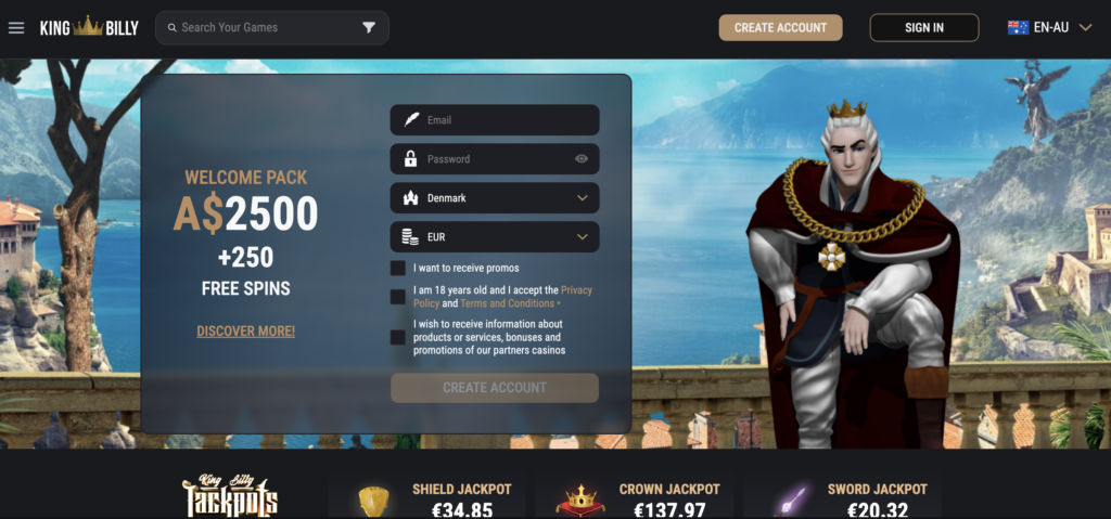 King Billy Casino's web interface