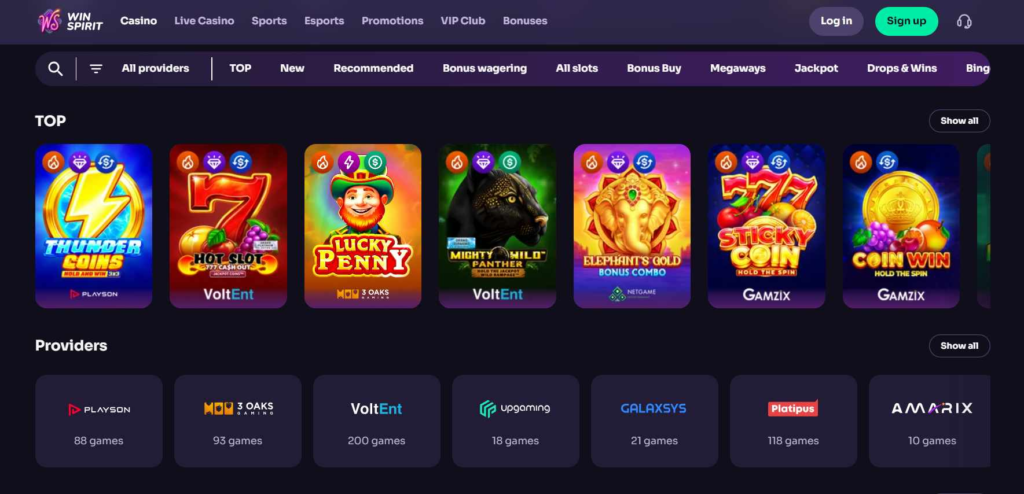 WinSpirit Casino key features casino selection, generous bonuses, and diverse payment options including cryptocurrencies